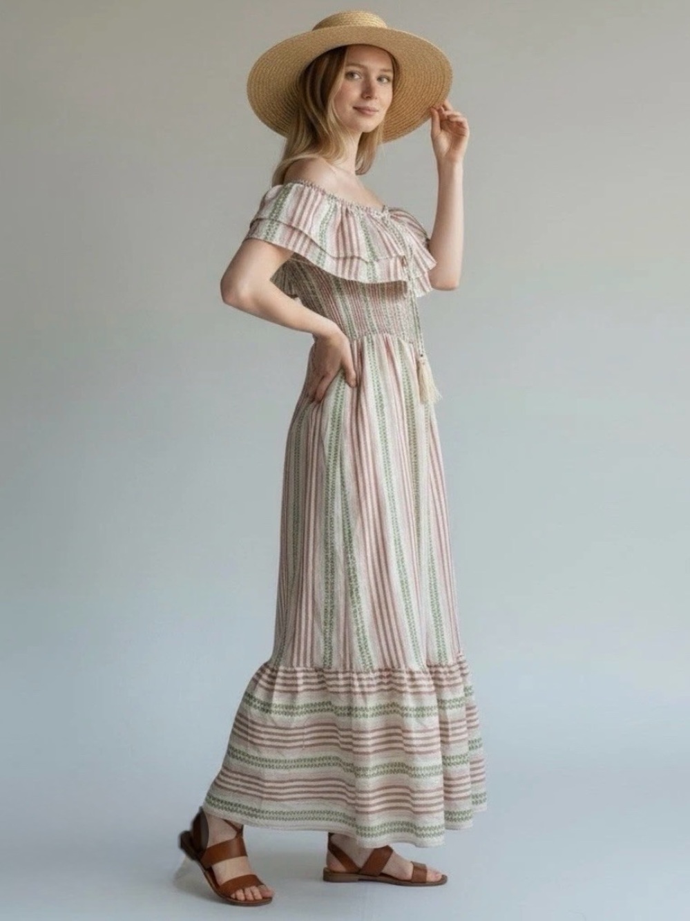 Striped Off-Shoulder Maxi Dress in Pastel Pink & Green